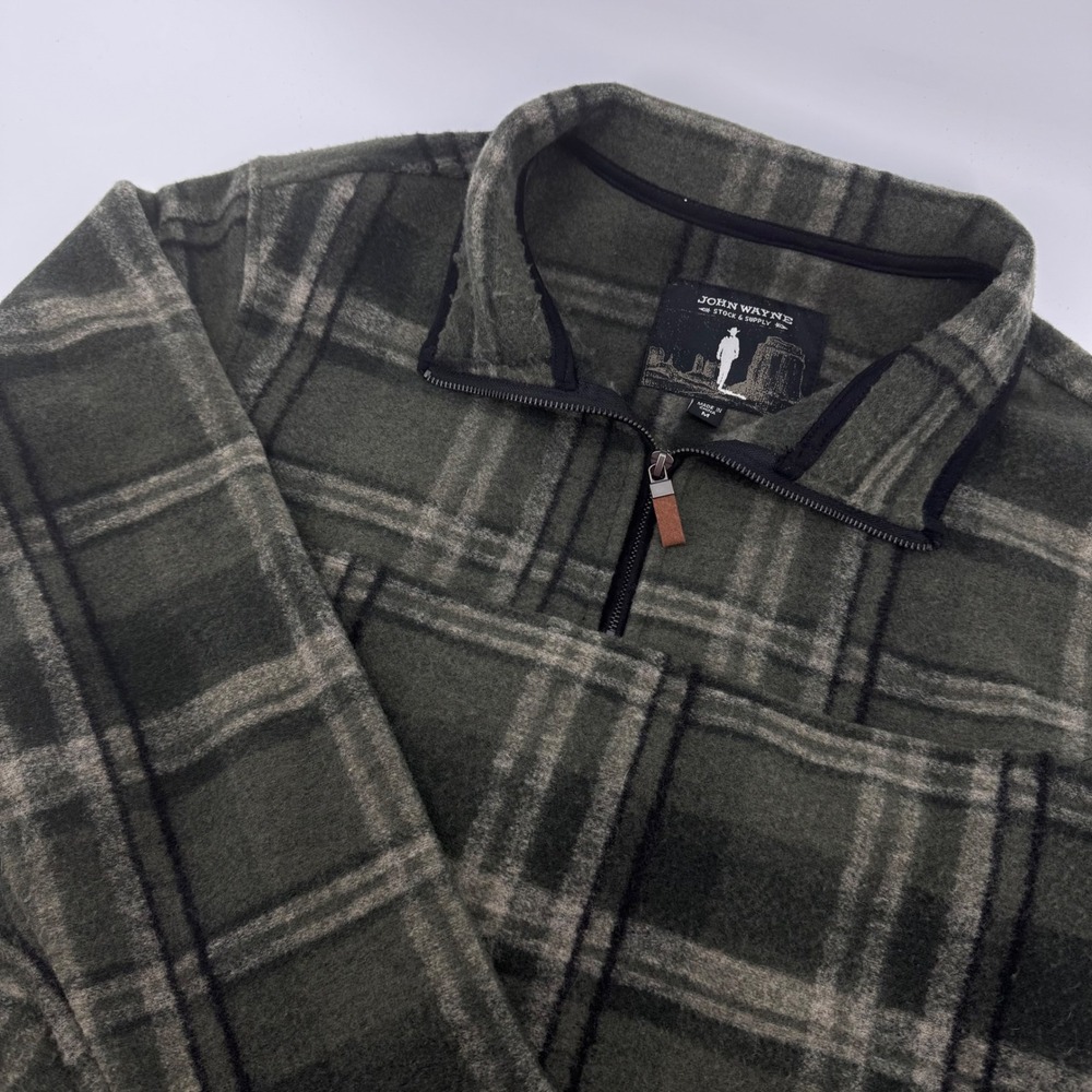 John Wayne Plaid Fleece‎ 1/4 Utility Zip Pullover Shirt Men's Size Med Green Tan